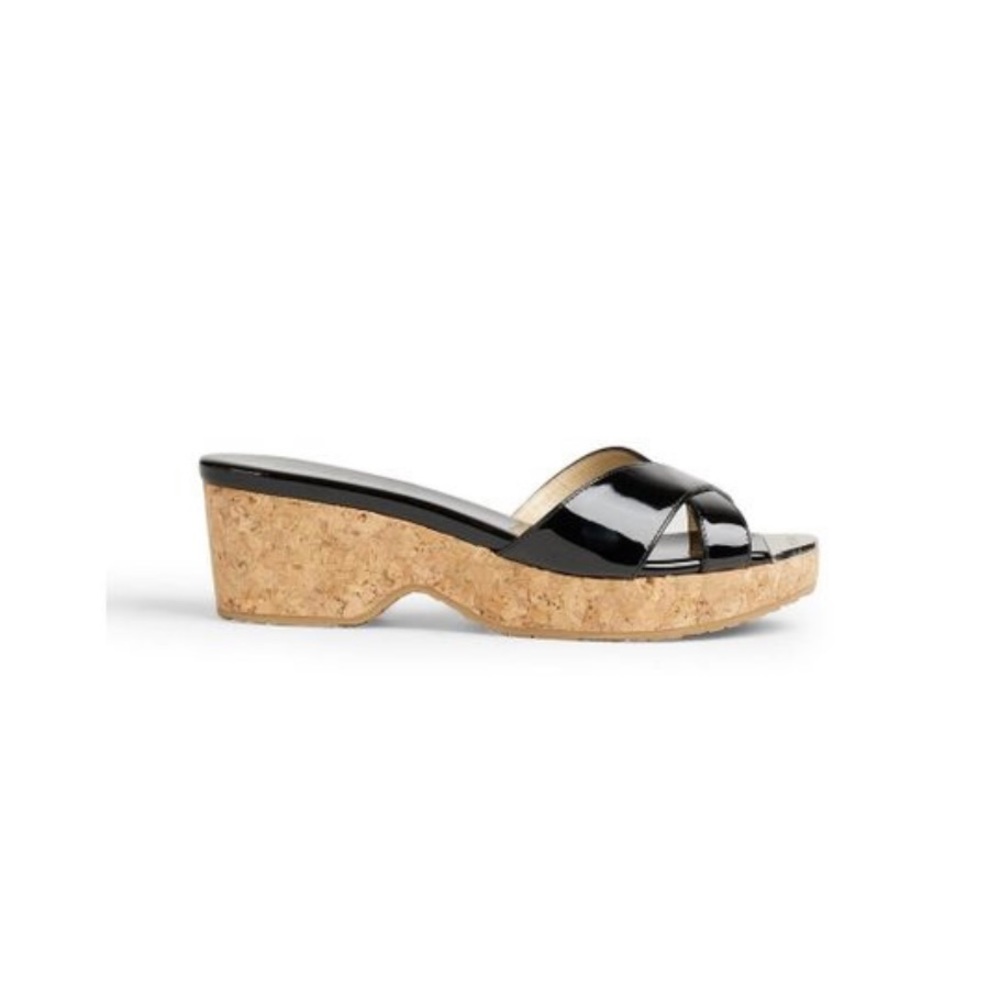 Jimmy choo black panna patent leather wedges. 2 inches